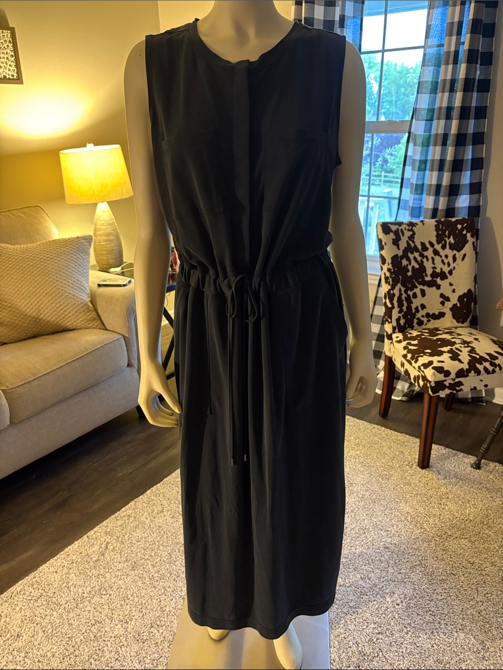 Sleeveless Navy Drawstring Waist Midi Dress